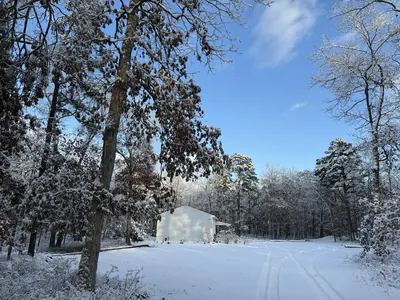 Snow-covered ground and bare trees looking across the property in winter